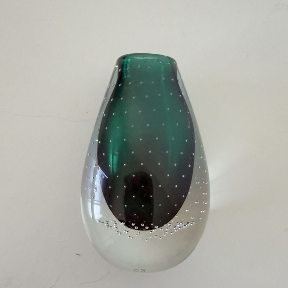 Vintage Green Sommerso Style Art Glass Vase Controlled Bubbles MCM Decor